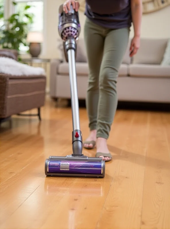 A person using a Dyson cordless vacuum to clean a hardwood floor, showcasing its flexibility and effectiveness.