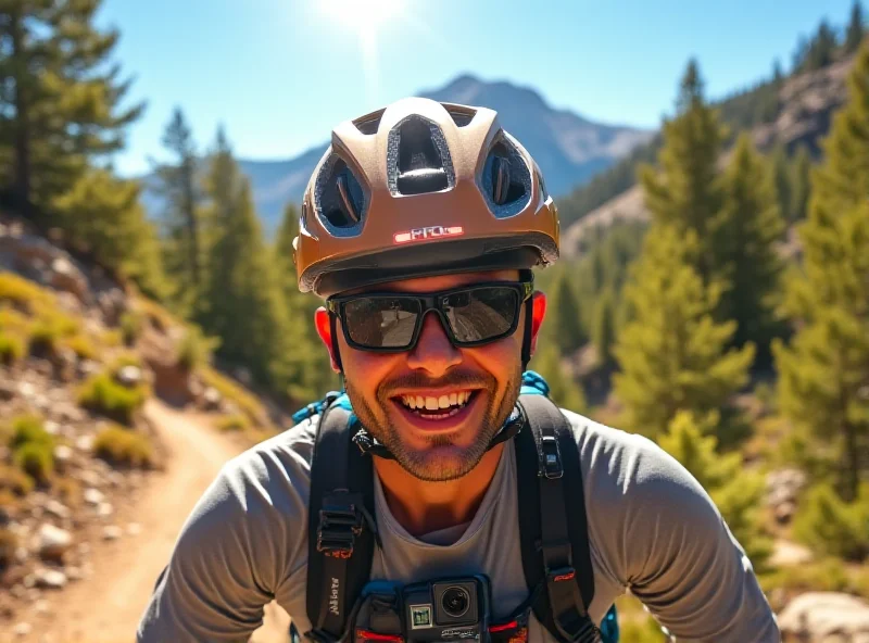 A person wearing a GoPro on their chest, filming an outdoor activity such as mountain biking or hiking.