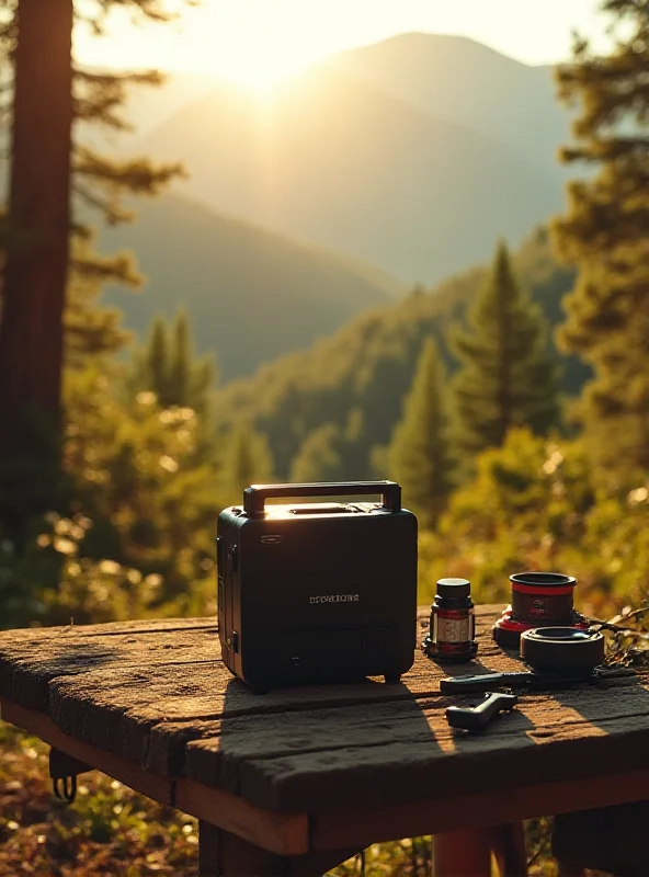 A DJI Power 1000 portable power station sitting on a camping table, surrounded by camping gear