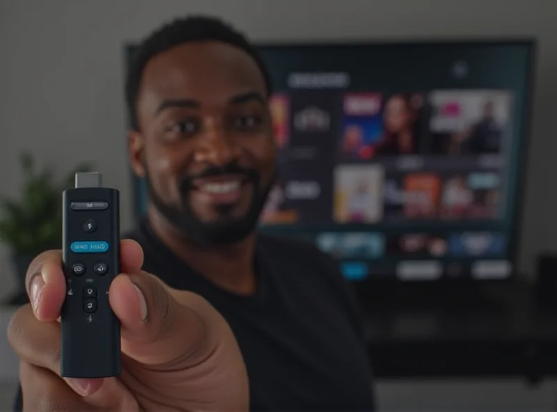 Person holding a Fire TV Stick 4K Max in their hand, with a TV in the background showing the Amazon Prime Video interface.