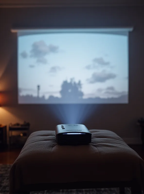 A small, can-sized portable projector projecting a movie onto a white wall in a dimly lit room.