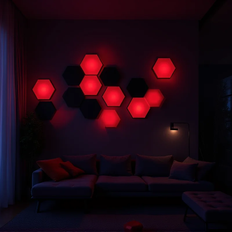 Nanoleaf Shapes Ultra Black Hexagons arranged on a wall in a modern living room