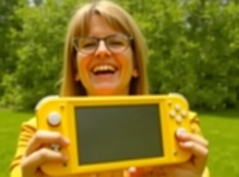 Person playing a yellow Nintendo Switch Lite outdoors in a sunny environment