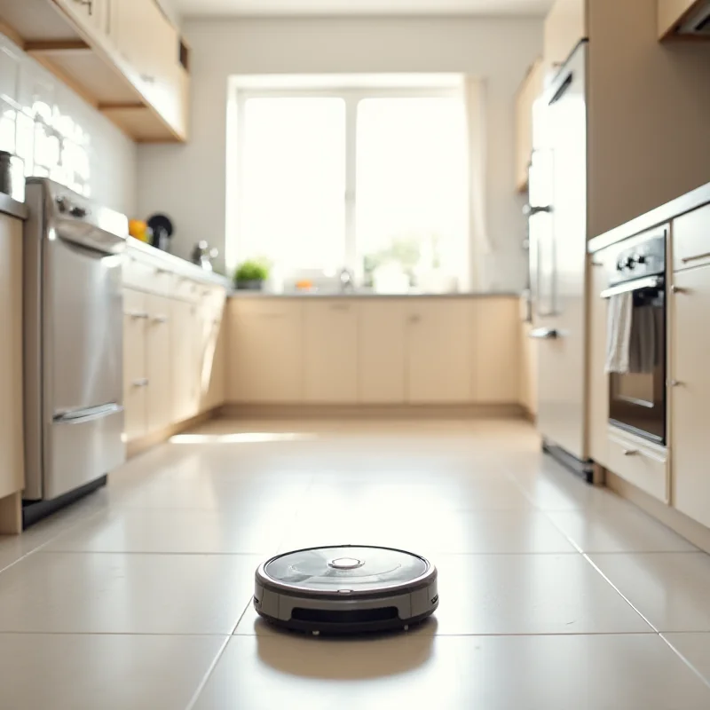 A modern kitchen with a Roomba robot vacuum cleaning the floor