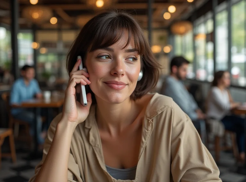 Person wearing AirPods while on a phone call in a coffee shop