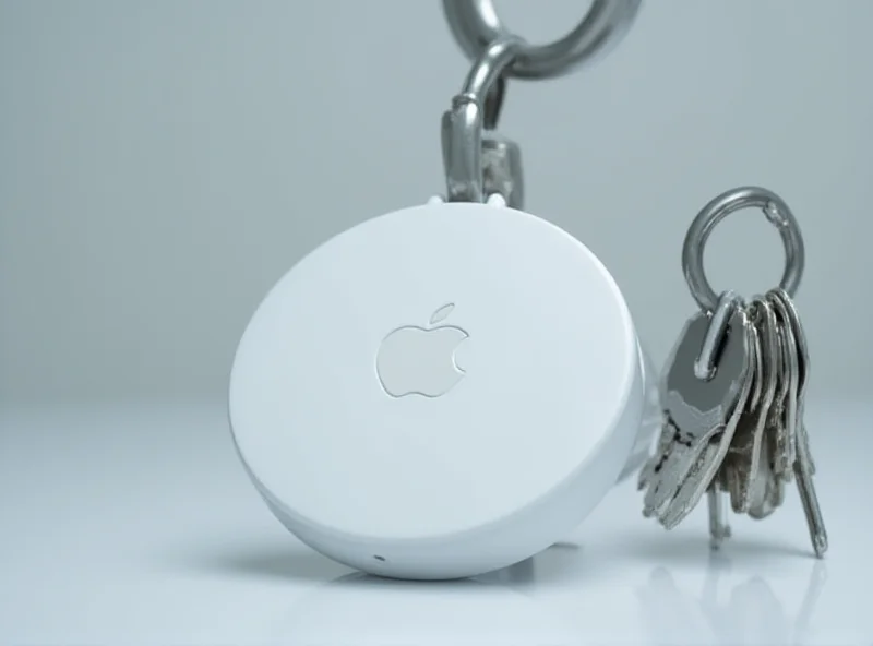 Close-up of an Apple AirTag attached to a keychain.