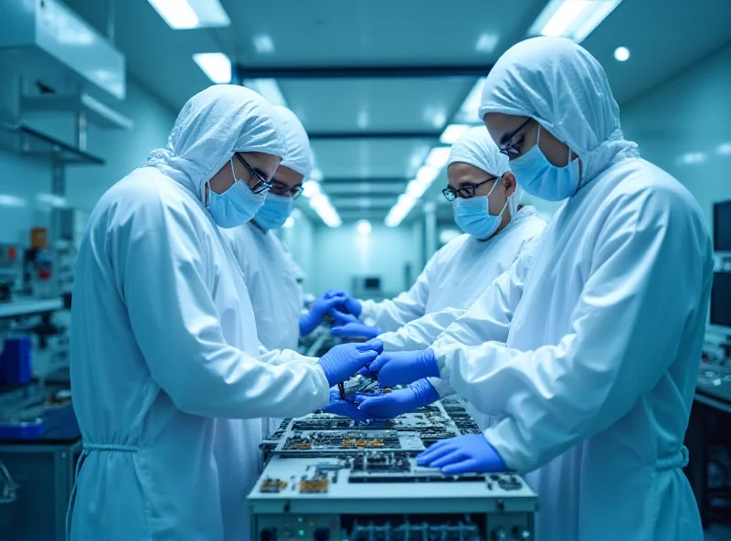 A group of people working in a high-tech chip manufacturing facility, wearing clean suits