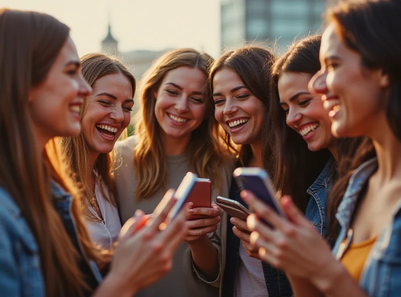 Diverse group of people laughing and interacting while using their smartphones, representing online dating and connection.