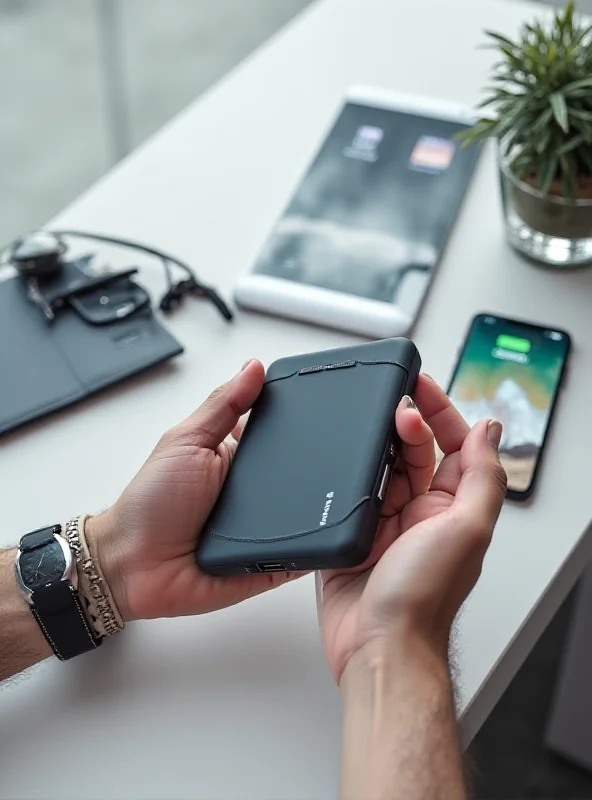 A person holding a high-capacity power bank while simultaneously charging a smartphone, tablet, and smartwatch, illustrating the power bank's multi-device charging capability.