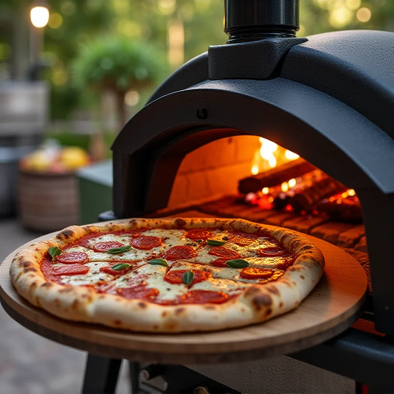 A modern outdoor kitchen setting featuring the Ninja Woodfire Oven with a freshly baked pizza inside, showcasing its functionality and appeal for outdoor cooking enthusiasts.