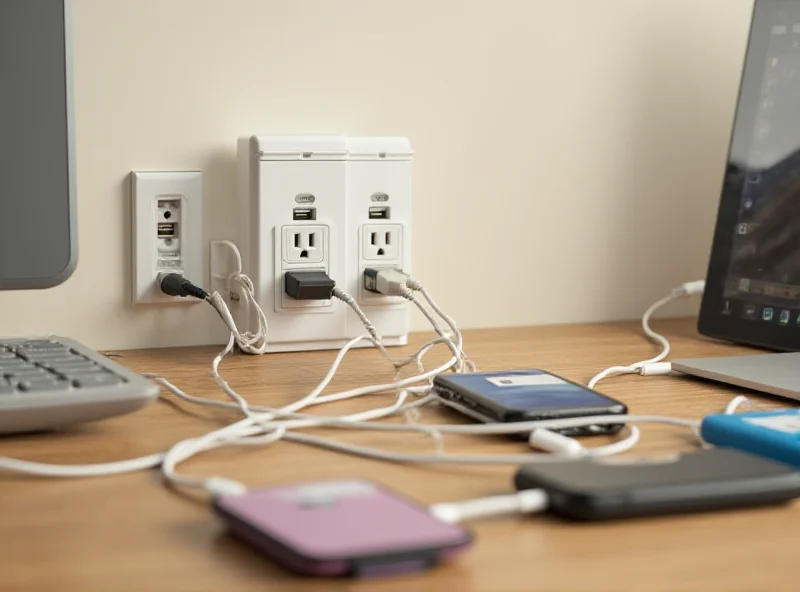 The Anker 15-in-1 Surge Protector plugged into a wall, with various devices charging from its outlets and USB ports.