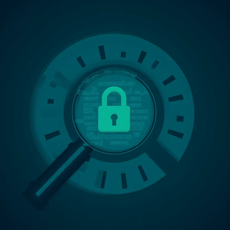 A stylized image representing data privacy, with a magnifying glass examining digital code and a lock icon superimposed.