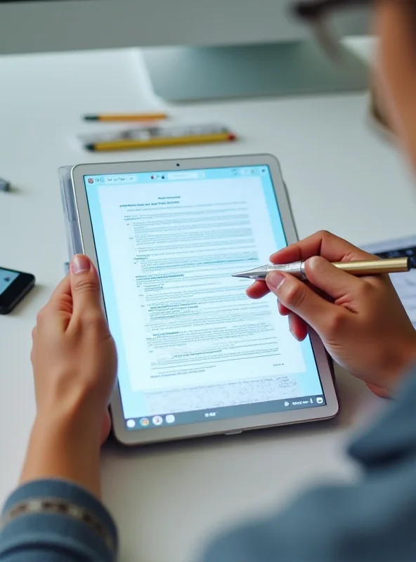 A person using a tablet to edit a PDF document with various editing tools visible on the screen.