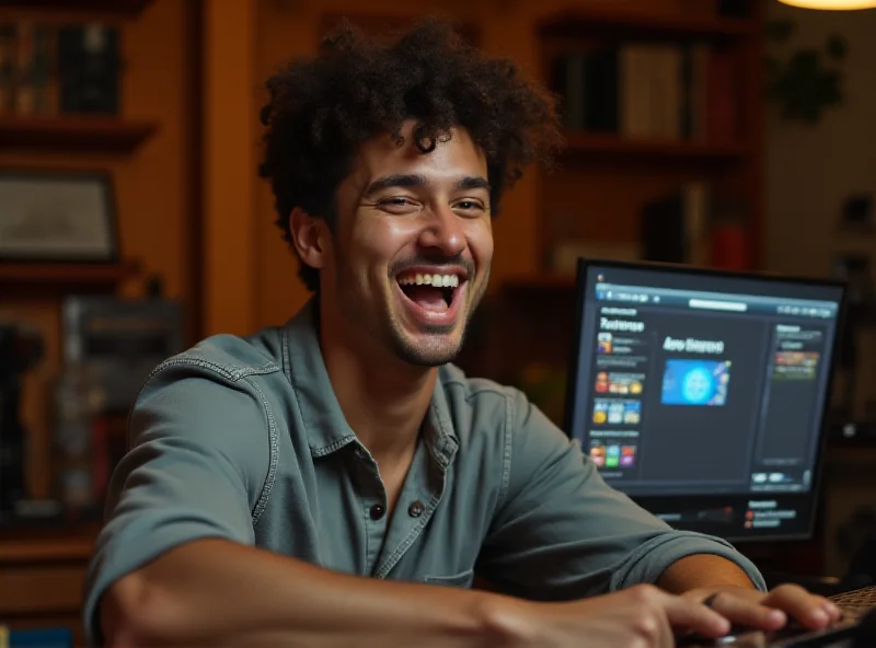 A person happily shopping online for computer deals on a laptop.