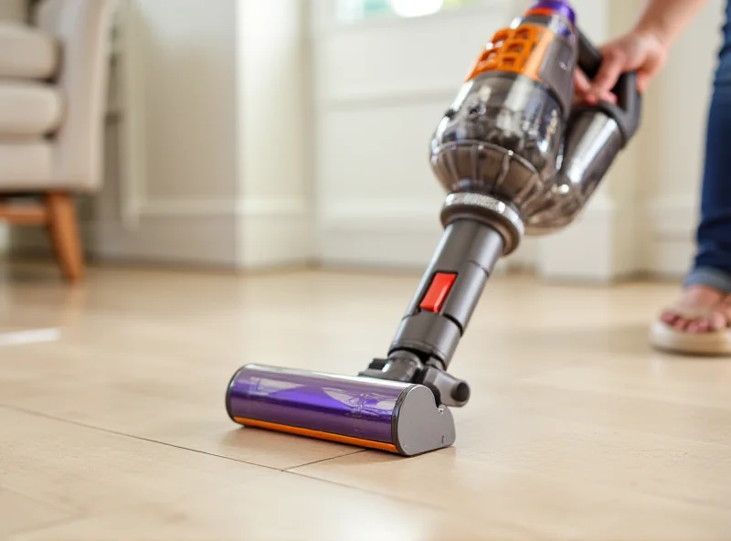 Dyson cordless vacuum cleaner on a light wood floor, with a bright, modern interior in the background.