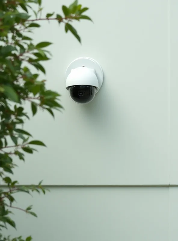 A small, white outdoor security camera mounted on the exterior wall of a house, facing outward. The camera is partially obscured by leaves from a nearby tree.