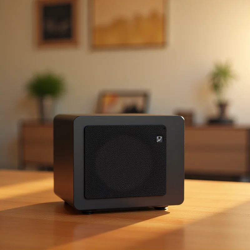 A small, black, rectangular speaker sitting on a wooden table. The speaker has a minimalist design with a metal grill on the front. The background is blurred and shows a modern living room.