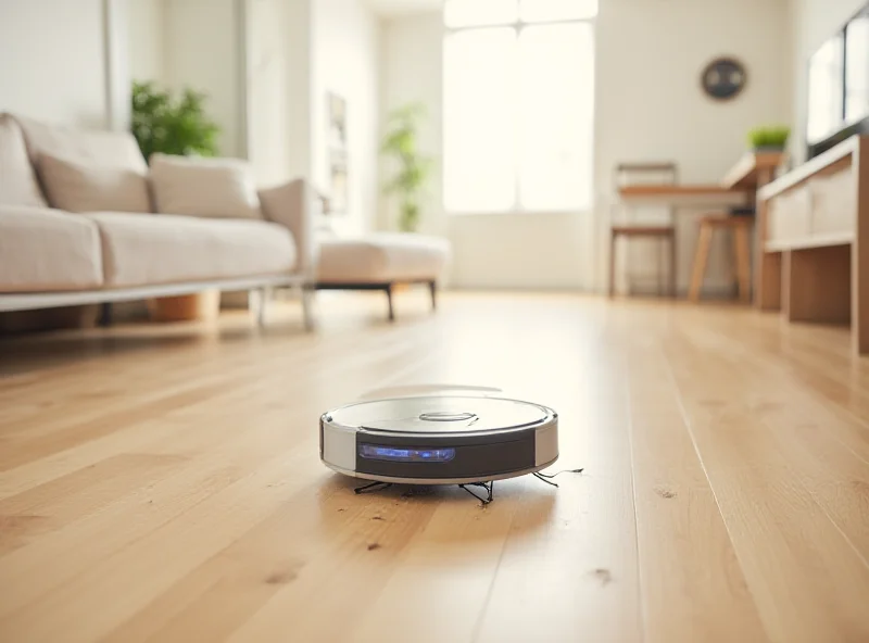 iRobot Roomba Q011 Robot Vacuum cleaning a hardwood floor in a brightly lit living room.