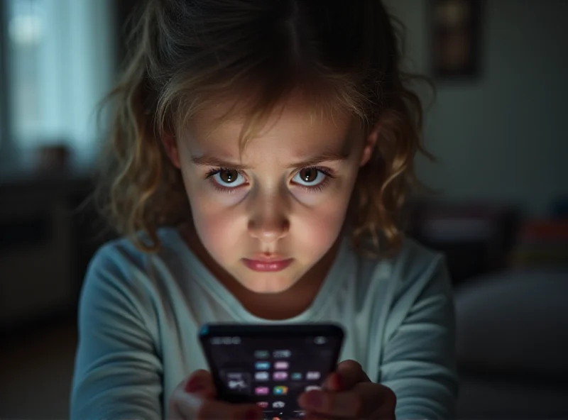 Illustration of a child looking at a phone with concerned expression. A blurred background shows adult content icons.