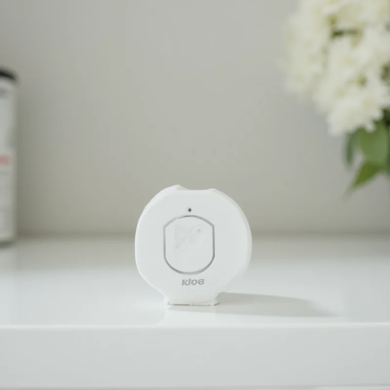 Close-up shot of the Ikea Timmerflotte temperature and humidity sensor. The device is small and white, with a minimalist design. The background is blurred, showing a modern home environment.