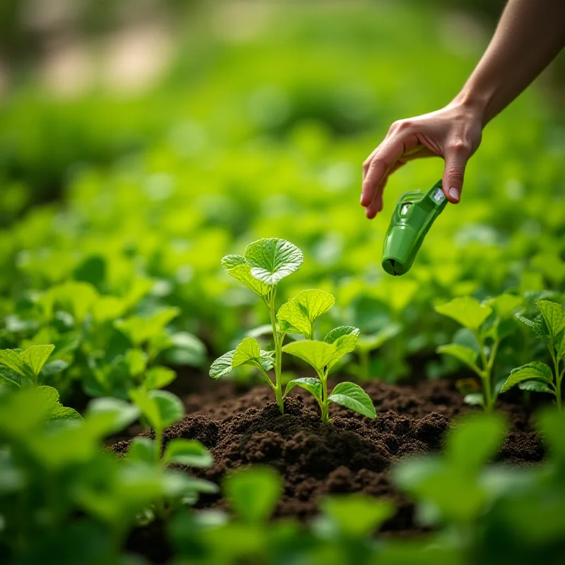 A person using a tablet in a garden to monitor soil conditions with a soil monitor device.