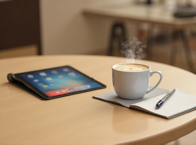 Apple iPad Mini on a table with a cup of coffee and a notebook