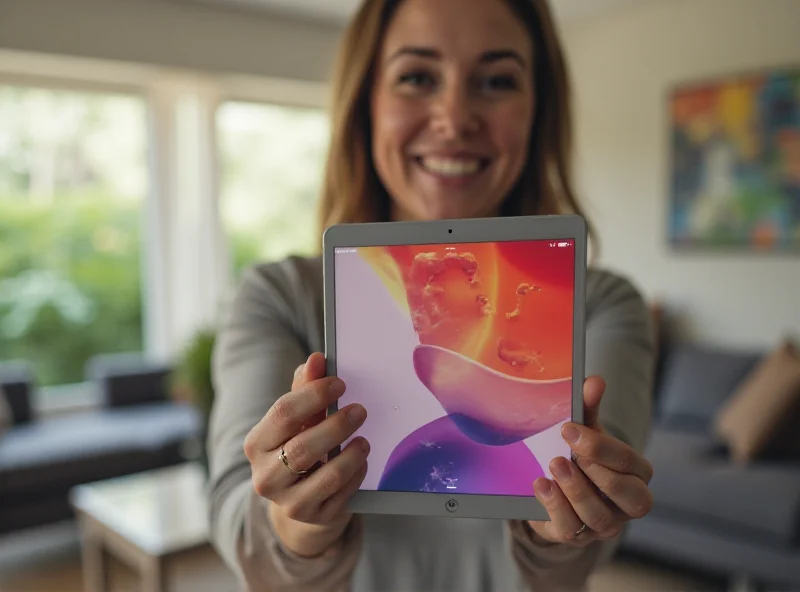 A person happily holding a new iPad Air in a modern living room.