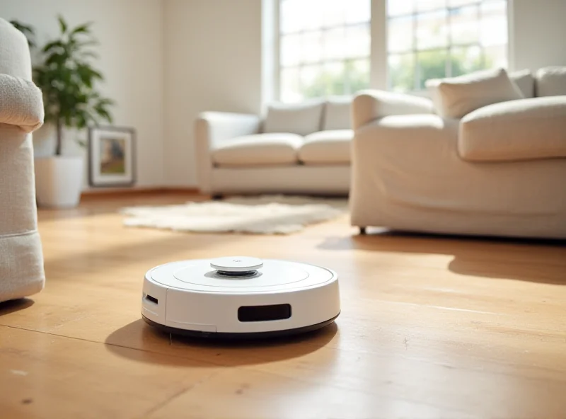 A roborock Qrevo Edge robot vacuum cleaning a hardwood floor in a modern home.