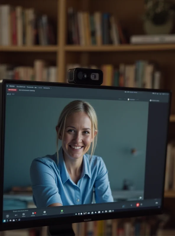 A person using a Logitech Brio 101 webcam during a video call, showing a clear and crisp image on the screen.