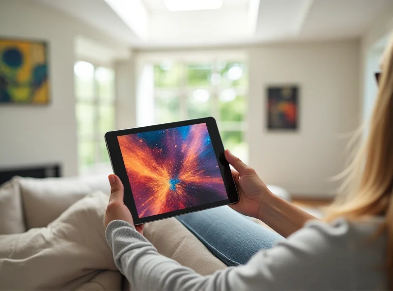 A person holding a new iPad in a brightly lit, modern living room, showcasing the device's sleek design.