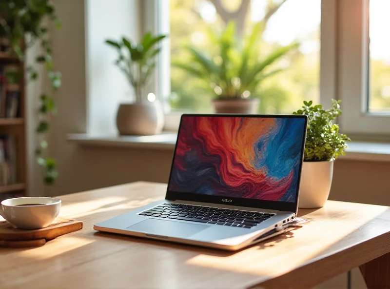 The Asus Zenbook 14 OLED sitting on a desk in a home office.