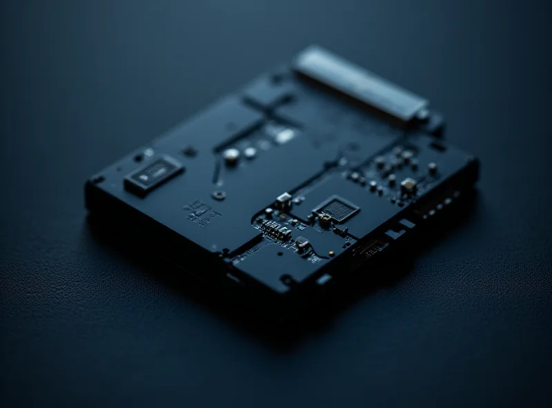 Close-up of a modern SSD with visible chips and connectors.