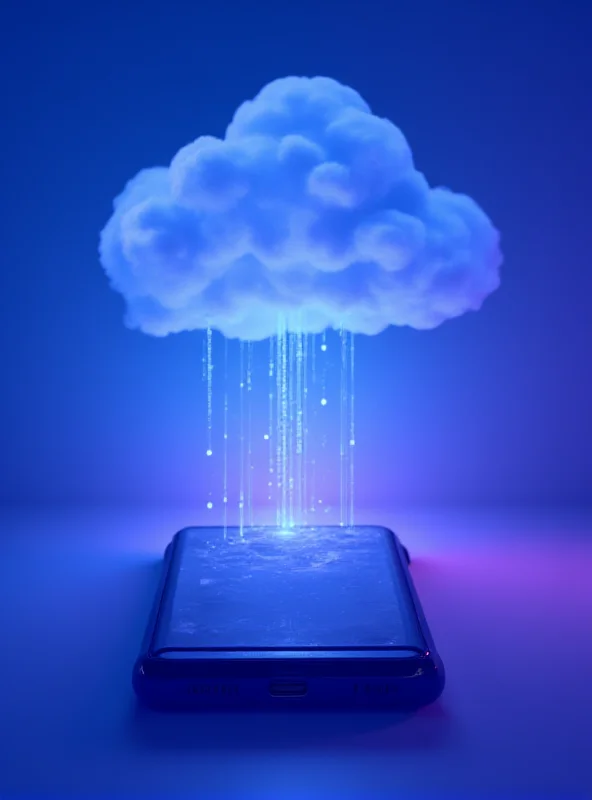 A stylized representation of data flowing into and out of a smartphone connected to iCloud.