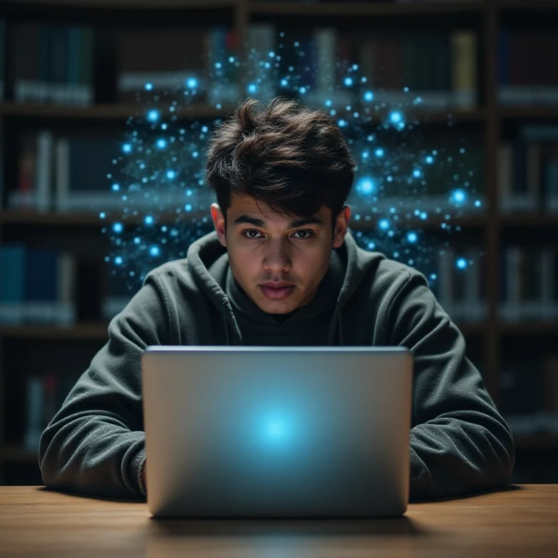 A student sitting at a desk with a laptop, looking concerned, with a faint AI brain graphic overlayed in the background.