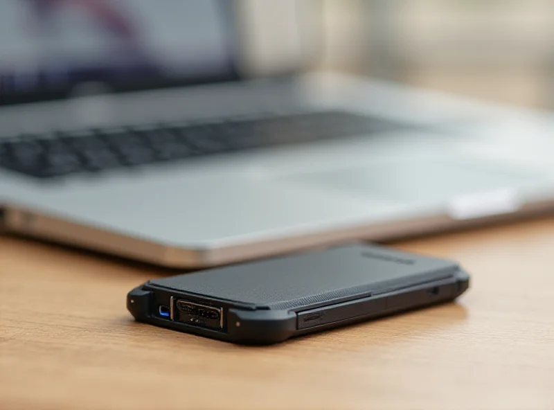 Samsung T7 Shield portable SSD on a table with a laptop in the background.