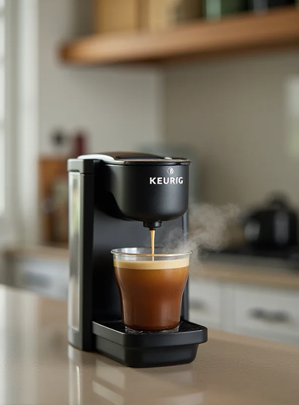 A close-up shot of a Keurig K-Mini coffee maker brewing a cup of coffee.