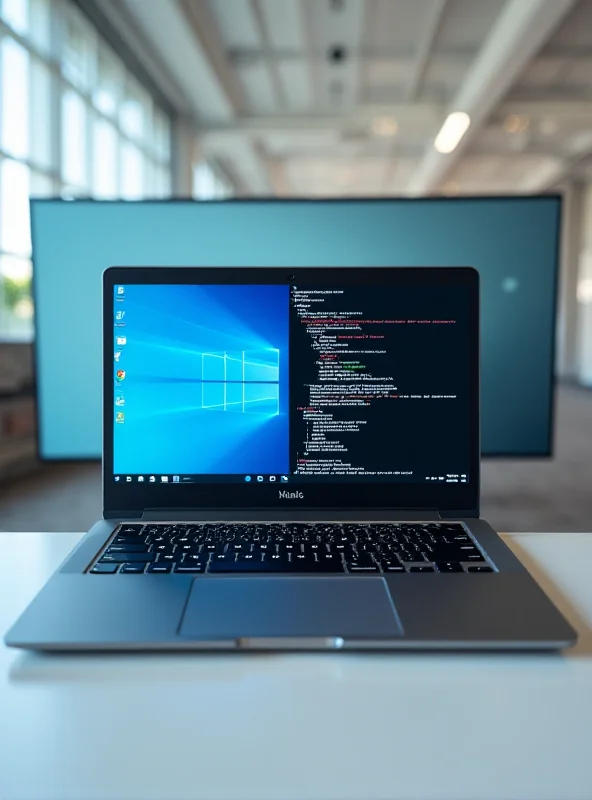 A sleek, modern laptop with a dual-boot configuration showing both Windows and Linux operating systems.