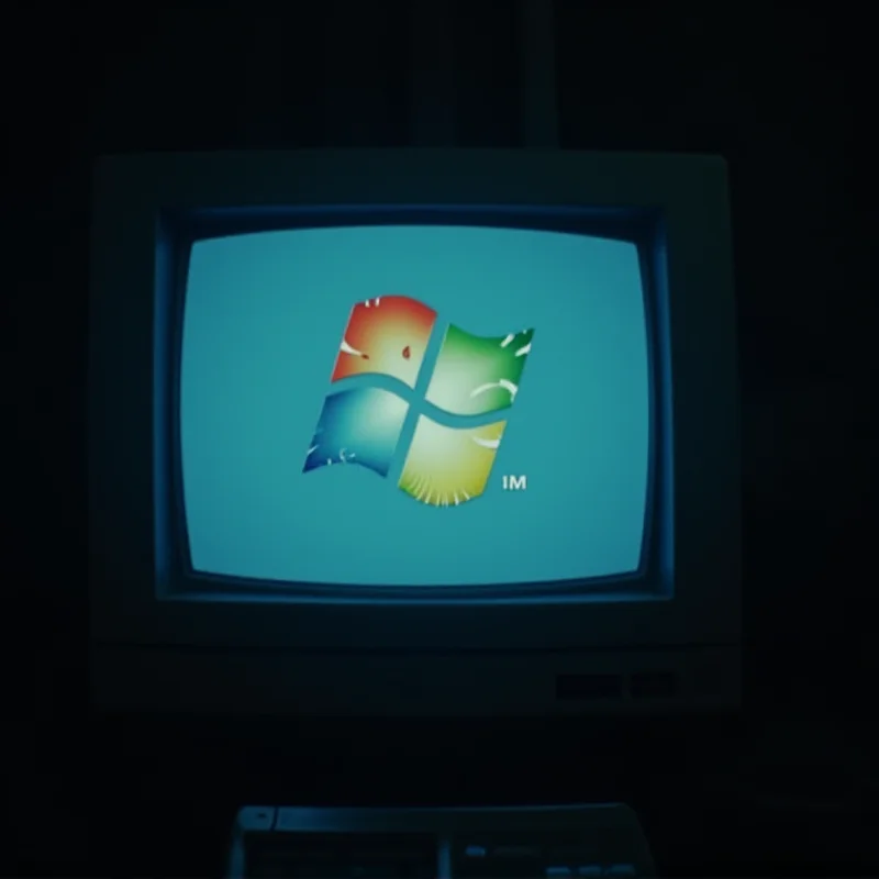 A vintage computer screen from 2008 displaying the Windows logo, symbolizing the discussion about Windows being free for business.