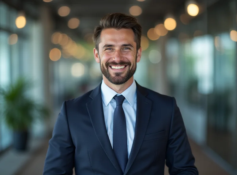 A professional businessman participating in a Zoom call, smiling confidently.