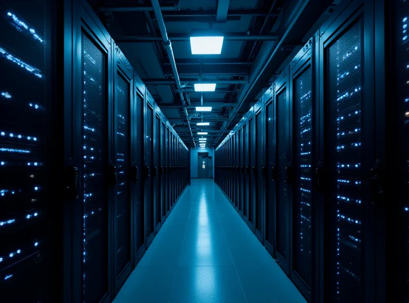 A modern data center with rows of servers and blinking lights.