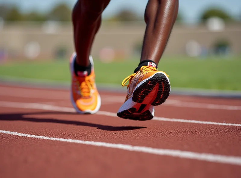 A pair of Hoka running shoes on a track, showcasing athletic performance.