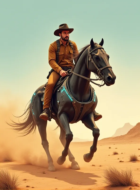 AI-generated image of a cowboy riding a runaway robotic horse, symbolizing the need to control and regulate rapidly advancing AI technology.