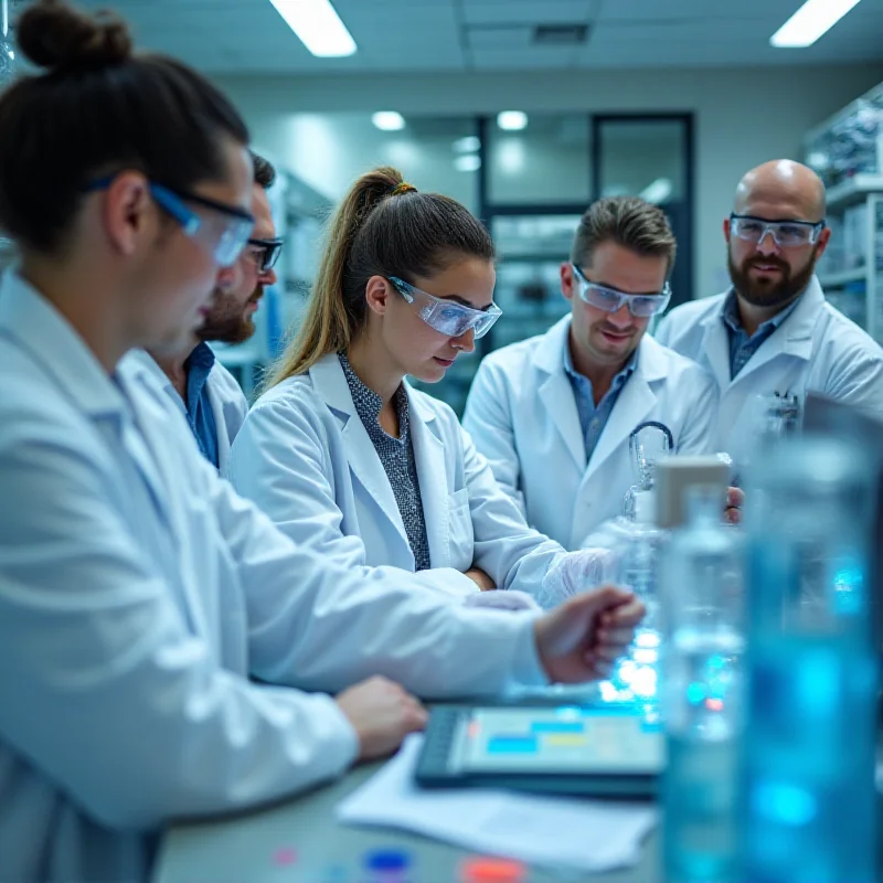 AI generated image of a diverse group of people collaborating in a modern laboratory, working on bioengineering projects.