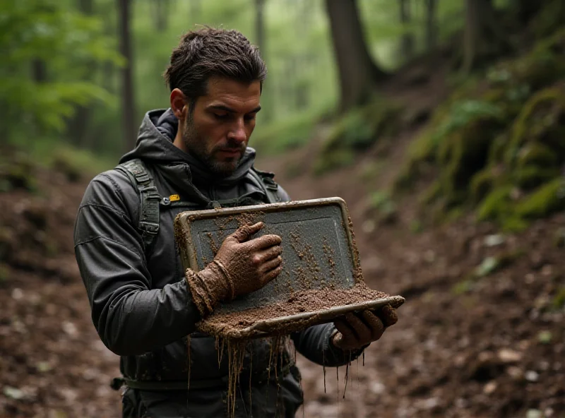 A person using a rugged tablet in a muddy outdoor environment, showing the tablet's durability.