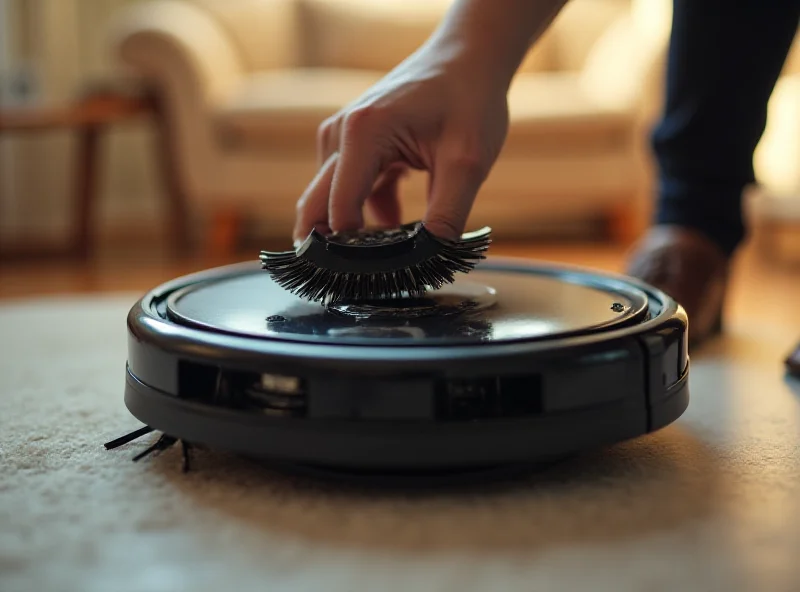 Close-up of a person cleaning the brushes of a robot vacuum cleaner.