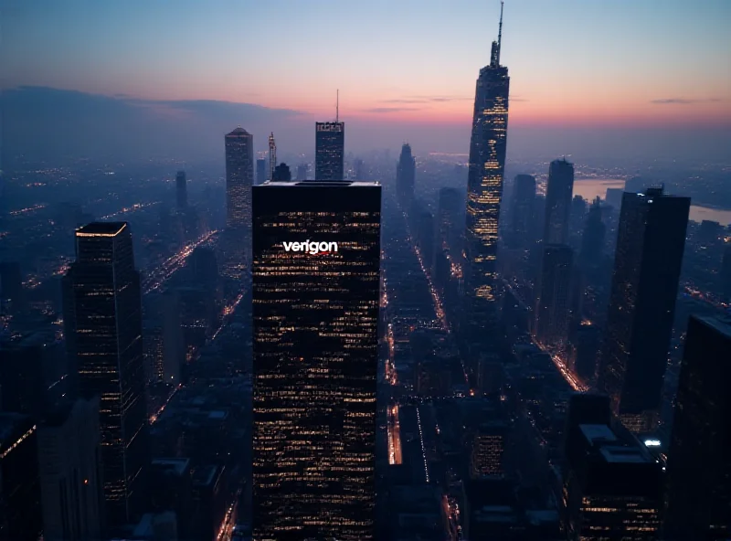 Aerial view of a modern cityscape with Verizon logo subtly placed on a building.