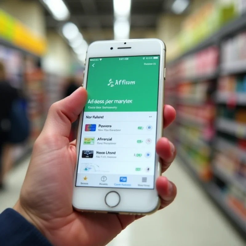 Close-up of a smartphone displaying the Affirm app, with a blurred background of a retail store.