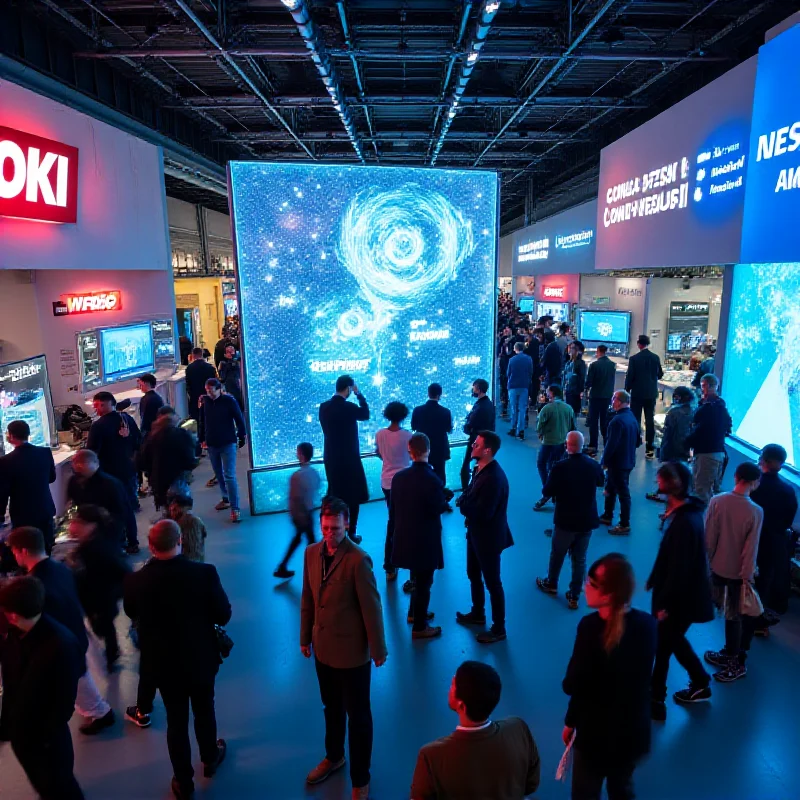 A diverse group of people interacting with holographic displays and futuristic gadgets at Mobile World Congress (MWC).