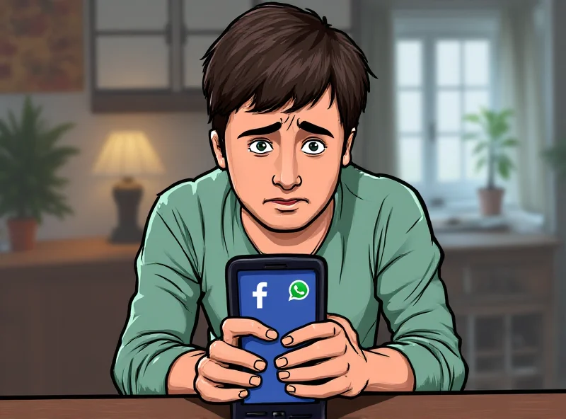 Illustration of a person looking frustrated at their phone with Facebook, WhatsApp, and Messenger logos displayed dimly on the screen.