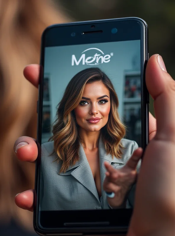 Close-up of a smartphone displaying a fake advertisement featuring a digitally altered image of a celebrity, with the Meta logo subtly overlaid in the background.